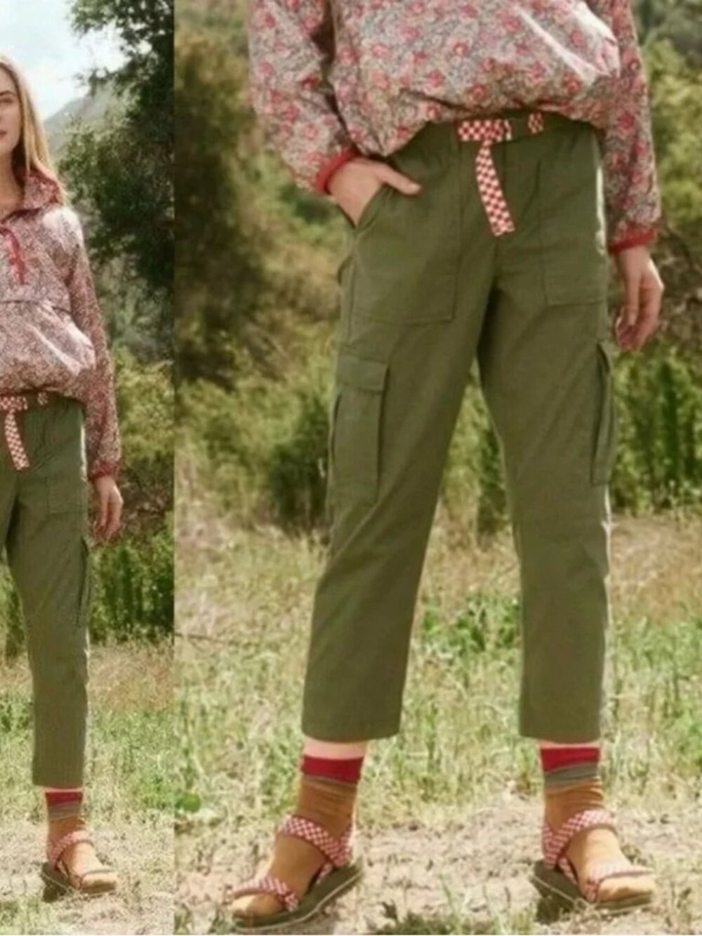 The Great x Eddie Bauer Canvas Hiking Cargo Pants Olive Green Check Belt Women’s